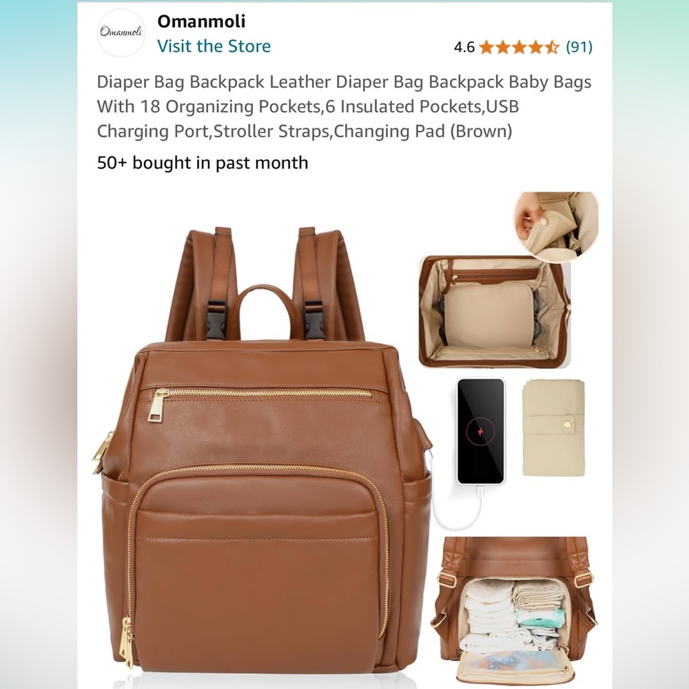 Vegan Leather Diaper Bag Backpack - Picture 4 of 8